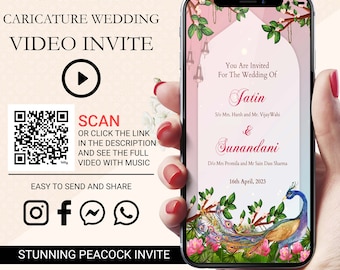 May include: Animated wedding invitation video with a peacock design. The invitation features a QR code to scan and a link to view the full video with music. The text reads "You Are Invited For The Wedding Of Jatin S/o Mrs. Harsh and Mr. Vijay Wahi & Sunandani D/o Mrs Promila and Mr Sain Dass Sharma 16th April, 2023".