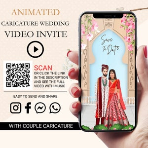 Salvar o convite indiano animado da carricatura da | Convite de casamento | Convite de casamento digital | Cartão Eletrônico