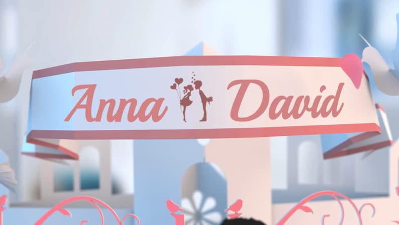 May include: A white banner with pink trim and the names "Anna" and "David" in pink script. A silhouette of a couple holding balloons and kissing is in the center of the banner.