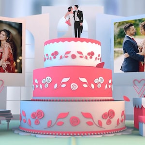 May include: A three-tiered wedding cake decorated with pink and white frosting and floral accents. The cake is topped with a miniature bride and groom figurine. The cake is surrounded by a white piano, a white stool, and two pink gift boxes.