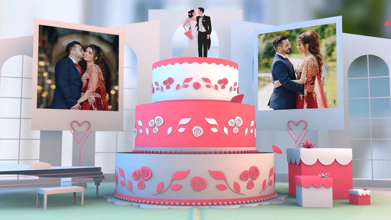 May include: A three-tiered wedding cake decorated with pink and white frosting and floral accents. The cake is topped with a miniature bride and groom figurine. The cake is surrounded by a white piano, a white stool, and two pink gift boxes.