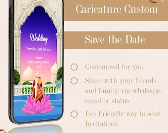Könnte beinhalten: Eine digitale Save-the-Date-Karte mit einer Karikatur eines Paares in traditioneller indischer Hochzeitskleidung. Die Karte zeigt eine farbenfrohe Illustration eines Torbogens und einer Lotusblume. Der Text auf der Karte lautet "Hochzeit" und "Donnerstag, 16. Februar 2023".