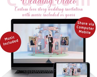 May include: A laptop and a smartphone both display a wedding invitation video with a pink and blue castle theme. The video includes a couple's photos and the text "Anna & David". The text "Custom love story wedding invitation with music included or yours" is displayed on the laptop screen. The text "Share via Computer Mobile" is displayed on a red circle on the right side of the image.