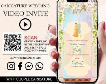 May include: A smartphone screen displaying a wedding invitation with a cartoon couple. The invitation is for the wedding ceremony of Dolly and Sughant. The invitation has a pink and blue background with floral accents. The invitation also includes a QR code that can be scanned to view a video of the couple.