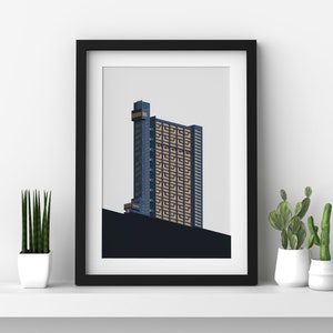Impression de la tour Trellick, Kensington, Londres, illustration pop art minimaliste, affiche de voyage architecturale - Dessin numérique en bleu et cuivre