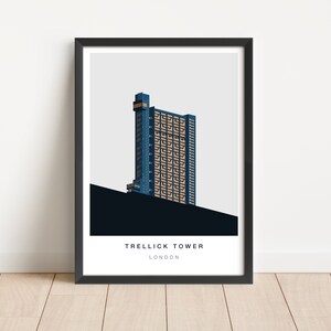 Impression de la tour Trellick avec texte, Kensington, Londres, illustration pop art minimaliste, affiche de voyage architecturale, dessin numérique