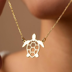 14 kt gouden schildpadketting, sierlijke schildpadketting, Caretta Caretta-ketting, 925 kt zilveren zeeschildpadketting, schildpadhangerketting voor haar