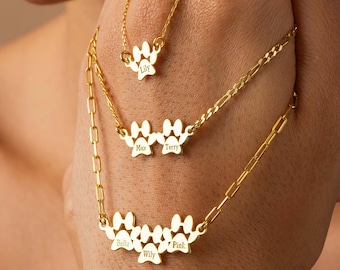 14K Gold Paw Name Necklace, Engraved Paw Necklace, Multi Paw Name Pendant, Pet Name Necklace, Dog Paw - Cat Paw Necklace for Pet Mom Gifts