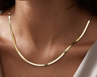 14k Gold Herringbone Chain Necklace, Gold Snake Chain Necklace, Choker Chain Necklace, Flat Snake Chain, Everyday Chain Necklace for Her