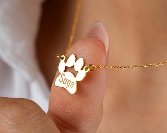 Personalized Paw Print Name Necklace, 14K Gold Paw Necklace, Custom Tiny Dog Paw Necklace, Pet Memorial Gift, Pet Lover Jewelry for Women