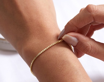 14k Gold Box Chain Bracelet, Sterling Silver Box Chain Bracelet, Adjustable Chain Bracelet, Dainty Box Chain Bracelet, Bracelet for Women