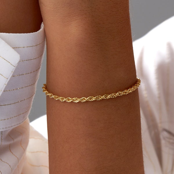 14k Gold Rope Chain Bracelet, 3mm Rope Chain Bracelet, Thick Twist Chain Bracelet, Twisted Rope Chain Bracelet for Women, Everyday Bracelet