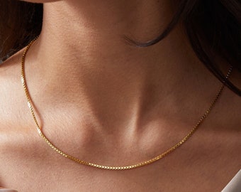 14k Gold Box Chain Necklace, Dainty Box Chain Necklace, 925K Silver Round Box Chain Necklace,  Simple Gold Chain, Necklace for Women