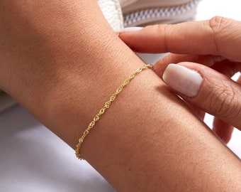 14k Gold Twist Chain Bracelet, Twisted Chain Bracelet, Thin Rope Chain Bracelet, Singapore Chain Bracelet, Everyday Bracelet for Women