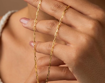 4 mm ペーパークリップチェーンネックレス 本物の 14k ゴールド