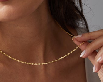 Collar de cadena de giro de oro de 14k, collar de cadena de cuerda delgada, collar de cadena de Singapur delicado, collar de oro simple, collar de todos los días
