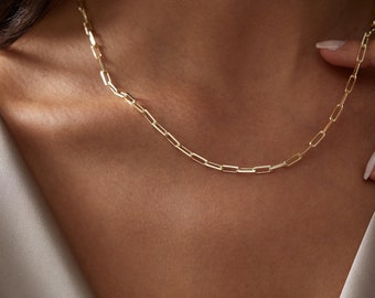 14k Gold Paperclip Chain Necklace, Thick Chain Necklace, 925K Silver Paper Clip Chain, Gold Link Chain Necklace, Choker Chain Necklace