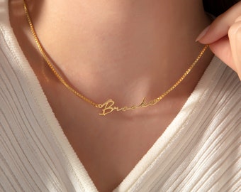 Box Chain Name Necklace Gold 14k, Custom Name Necklace, Personalized Gifts for Her, Name Plate Necklace with Box Chain, Birthday Gifts