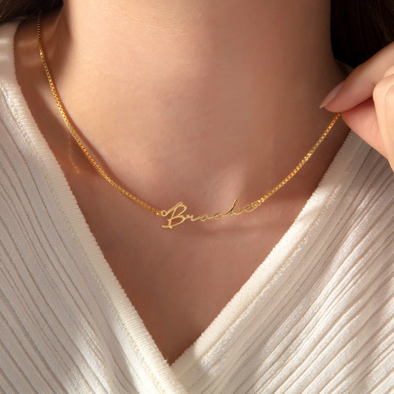 Box Chain Name Necklace Gold 14k, Custom Name Necklace, Personalized Gifts for Her, Name Plate Necklace with Box Chain, Birthday Gifts