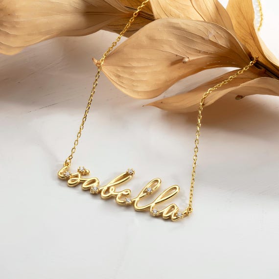 14k Solid Gold Name Necklace, Custom Diamond Nameplate Necklace, Diamond Bubble Letter Name Necklace, Personalized Jewelry for Women