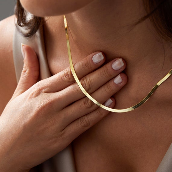14k Gold Herringbone Chain Necklace, 3mm Snake Chain Necklace, Herringbone Necklace for Women, Choker Chain Necklace, Everyday Necklace