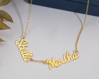 14k Gold Two Name Necklace, Multiple Name Necklace, Double Name Necklace, Baby Name Necklace, Kids Name Necklace, Mothers Day Gifts for Mom