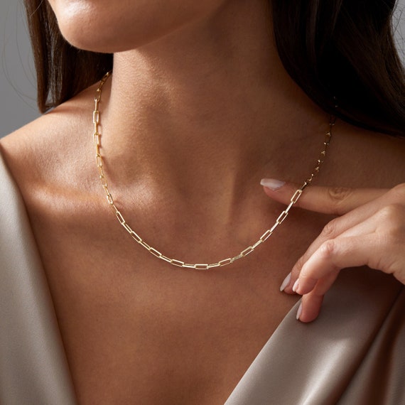 14k Gold Paperclip Chain Necklace, Gold Link Chain Necklace, 925K Silver Paperclip Chain, Choker Chain Necklace, Simple Gold Chain for Women