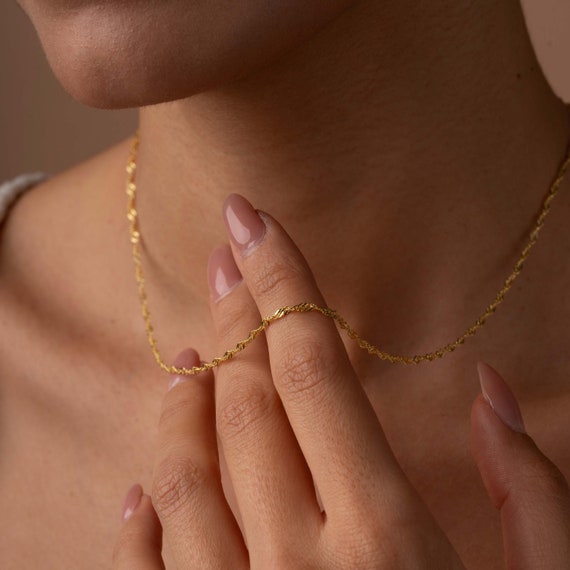 14K Gold Twist Chain Necklace, Dainty Twisted Rope Chain Necklace, Minimalist Singapore Chain Necklace, Simple Gold Necklace for Women
