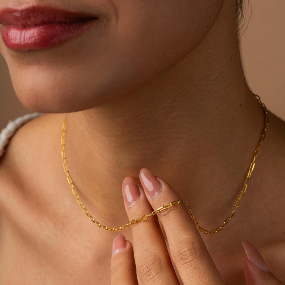 14k Gold Paperclip Chain Necklace, Thin Chain Necklace, 925K Silver Paper Clip Chain, Gold Link Chain Necklace, Choker Chain, Everyday Chain