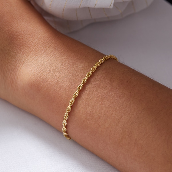 Pulsera de cadena de cuerda de oro de 14k, pulsera de capas de oro, pulsera de oro simple, pulsera de cadena de cuerda de plata de 925k, pulsera de uso diario