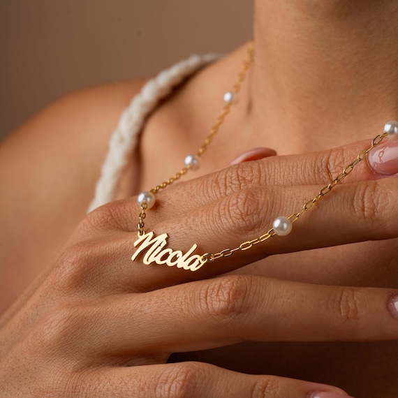 Custom Name Necklace with Pearl Chain, Personalized Pearl Name Necklace, Dainty Pearl Chain with Nameplate Necklace, Christmas Gift for Her