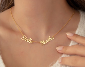 Collana con due nomi in oro 14k, collana con doppio nome personalizzata, collana con 2 targhette, regali personalizzati per lei, collana con 2 nomi, regalo per la mamma