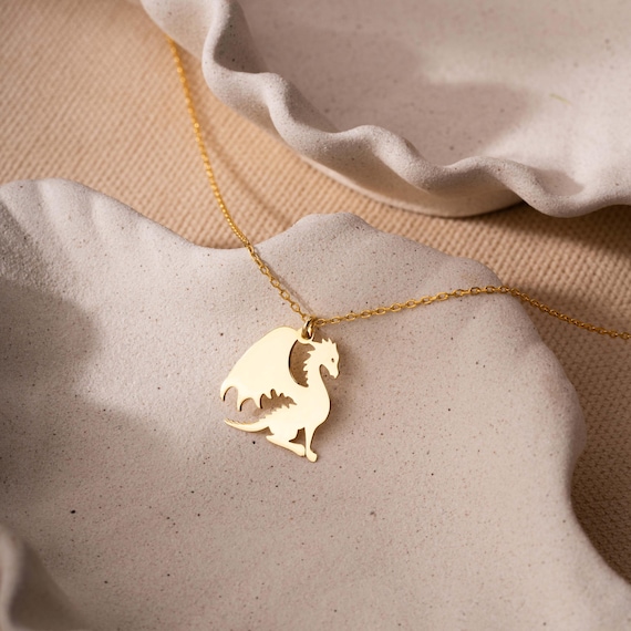 14K Gold Dragon Necklace, Dainty Dragon Pendant, Gold Dragon Jewelry for Women, Fantasy Necklace, Medieval Jewelry, Simple Gold Necklace