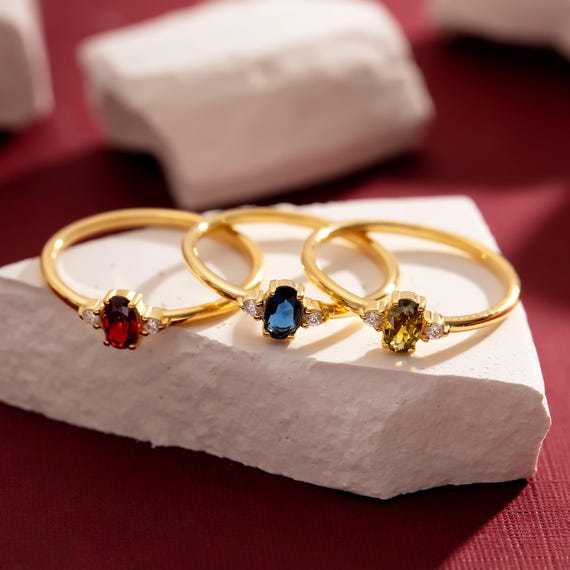 Custom Birthstone Ring, Birthstone Stackable Ring, Dainty Gemstone Ring, Birthstone Jewelry for Women, Oval Cut Birthstone Ring for Her