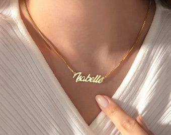 14k Gold Name Necklace with Box Chain, Custom Name Necklace, Box Chain Name Jewelry for Women, Round Box Chain Name Plate Necklace