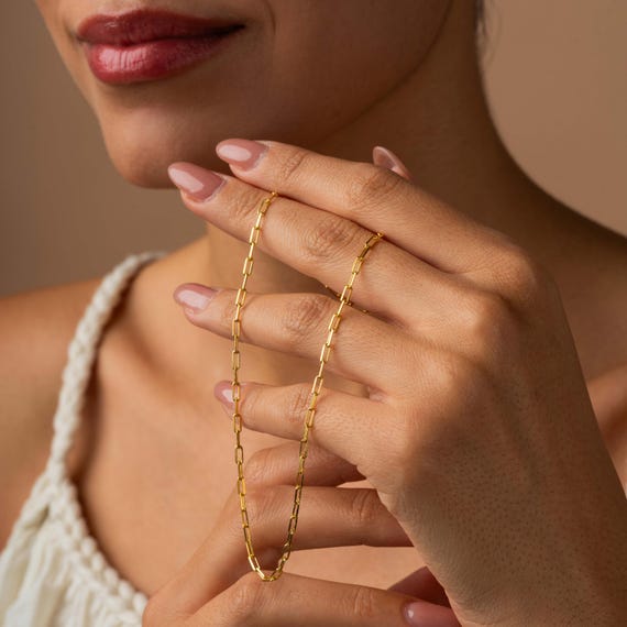 14k Solid Gold Paperclip Chain Necklace, Yellow Gold Paperclip Necklace, Thin Paperclip Chain, Real Gold Paperclip Link Chain Necklace