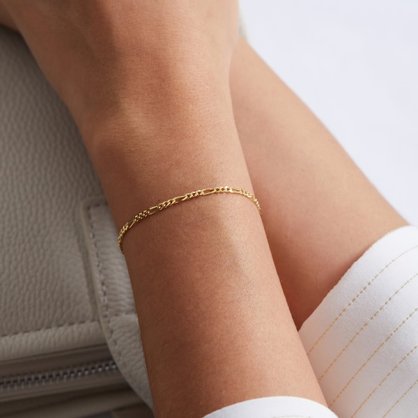 14k Gold Figaro Chain Bracelet, Sterling Silver Figaro Chain, Layering Bracelet, Simple Gold Bracelet, Dainty Figaro Chain, Bracelet for Her