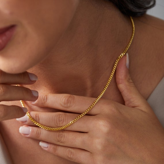14k Gold Curb Chain Necklace, Thick Curb Chain Necklace, Thin Cuban Link Chain Necklace, Simple Gold Chain, Gold Chain Necklace for Women