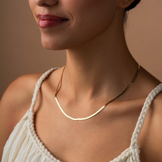 14K Gold Herringbone Chain Necklace, Dainty Snake Chain Necklace for Women, 925k Silver Snake Chain, Everyday Necklace for Her