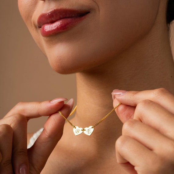 14k Gold Two Heart Necklace, Personalized Couple Necklace, Dainty Heart Necklace with Letter, Custom Heart Pendant, Initial Necklace for Her