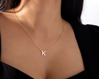 Collar inicial de oro de 14K, collar de letras pequeñas, joyería de letras personalizadas para mujeres, regalos personalizados, colgante de letras de oro, regalos de Navidad
