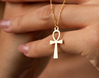 14K Gold Ankh Necklace, Egyptian Jewelry for Women, Dainty Ankh Pendant, Ancient Egyptian Necklace, Protection Cross Necklace, Gift for Her
