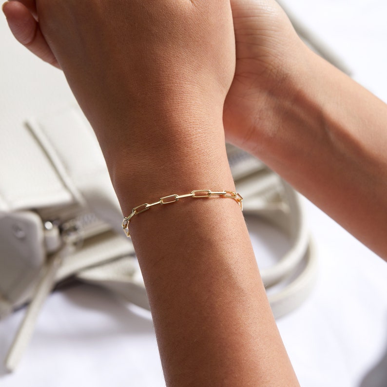 14k Gold Paperclip Chain Bracelet, Dainty Paper Clip Chain Bracelet, Link Chain Bracelet, 925K Silver Paper Clip Chain, Bracelet for Women image 2