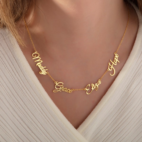 14k Gold Multiple Name Necklace, Custom 4 Name Plate Necklace, Family Name Necklace, Baby Name Necklace, Mothers Day Gifts for Mom