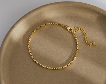 14k Gold Box Chain Bracelet, Sterling Silver Box Chain Bracelet, Adjustable Chain Bracelet, Dainty Box Chain Bracelet, Bracelet for Women
