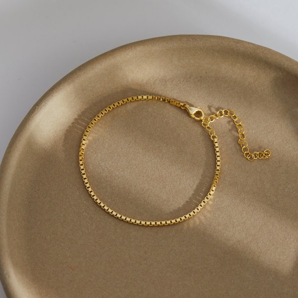 14k Gold Box Chain Bracelet, Sterling Silver Box Chain Bracelet, Adjustable Chain Bracelet, Dainty Box Chain Bracelet, Bracelet for Women