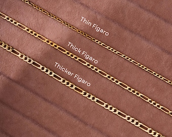May include: Three gold Figaro chains of different thicknesses, labeled "Thin Figaro", "Thick Figaro", and "Thicker Figaro".