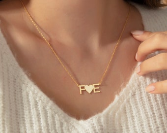 14k Gold Attached Letters Necklace, Custom Initials Necklace, Letters Necklace with Heart, Two Initial Necklace, Personalized Gifts for Her