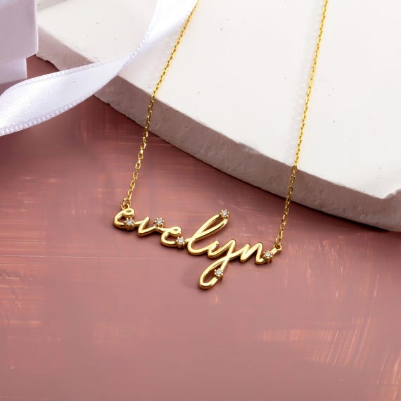 Diamond Name Necklace Gold 14k, Custom Nameplate Jewelry for Women, 14k Solid Gold Diamond Bubble Name Necklace, Personalized Gifts for Her