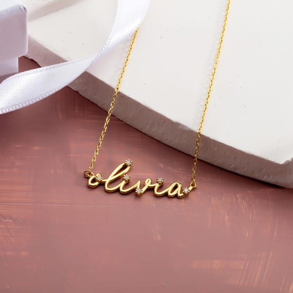 14k Solid Gold Diamond Nameplate Necklace, Bubble Name Necklace with Diamond, Balloon Letter Name Necklace, Christmas Gifts for Women